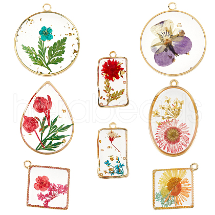 SUNNYCLUE 8Pcs 8 Styles Transparent Epoxy Resin Inner Flower Pendants RESI-SC0003-33-1