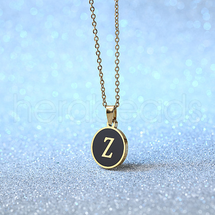 Alloy Black Enamel Flat Round with Letter Pendant Necklaces for Women WG4B845-26-1