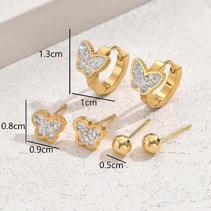 Sweet 304 Stainless Steel Rhinestone Butterfly Earrings Set for Women MP5411-2-1