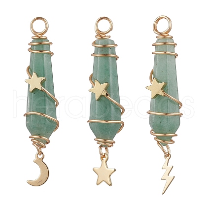 3Pcs 3 Styles Natural Green Aventurine Pointed Copper Wire Wrapped Faceted Bullet Big Pendants PALLOY-JF03572-02-1