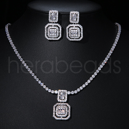 Square Brass Micro Pave Clear Cubic Zirconia Pendant Necklaces & Stud Dangle Earrings Sets FS-WG98D1F-01-1