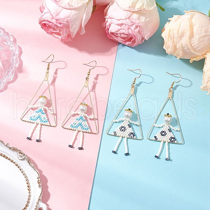 2Pair Girl with Triangle Brass Glass Seed Beads Dangle Earrings EJEW-MZ00453-1