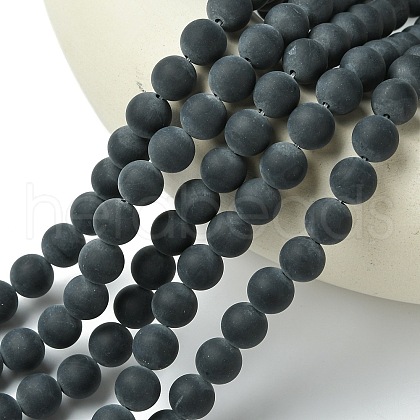 Grade A Round Frosted Natural Black Agate Beads Strands X-G447-5-1