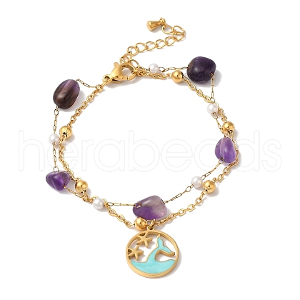 Nuggets Natural Amethyst & Imitation Pearl Multi-Strand Bracelets BJEW-P326-03A-G-1