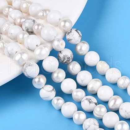 Natural Howlite Round & Natural Cultured Freshwater Pearl Grooved Potato Beads Strands PEAR-N019-08-1