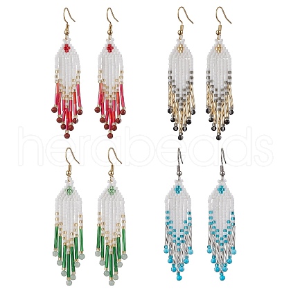 304 Stainless Steel Seed Bead Glass Tassel Dangle Earrings EJEW-MZ00432-1
