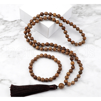 Wood Round Beaded Pendant Necklaces & Bracelets Sets FS-WG9D102-07-1