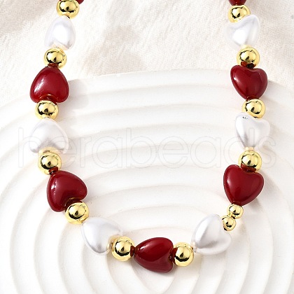 Brass & ABS Imitation Pearl Heart and Round Beaded Necklaces for Women NJEW-D314-11B-G-1